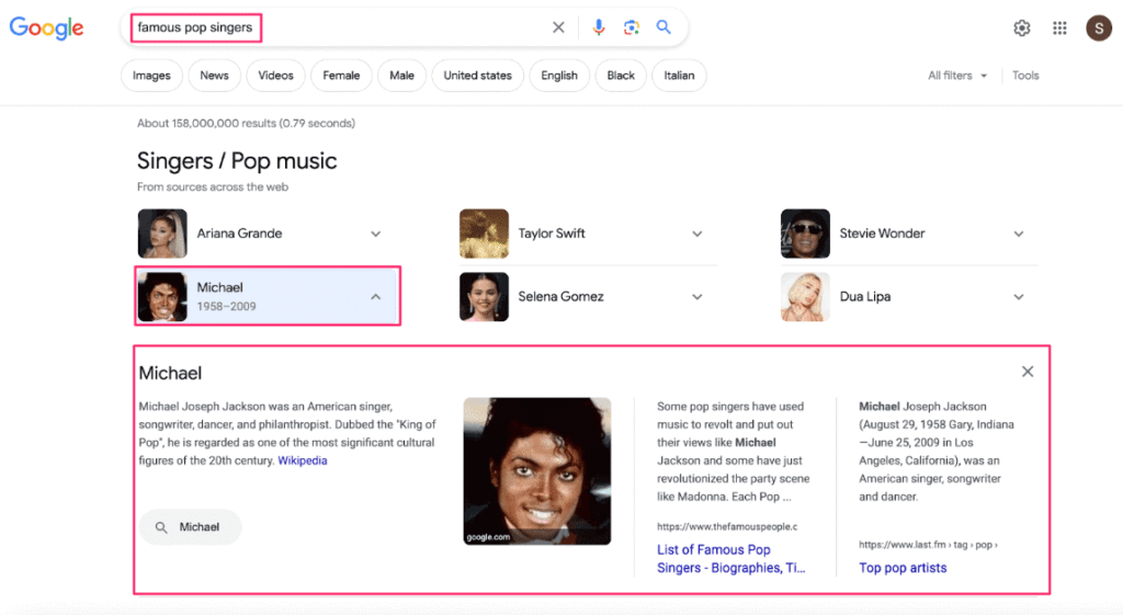 Google Knowledge Graph panel example in search results page