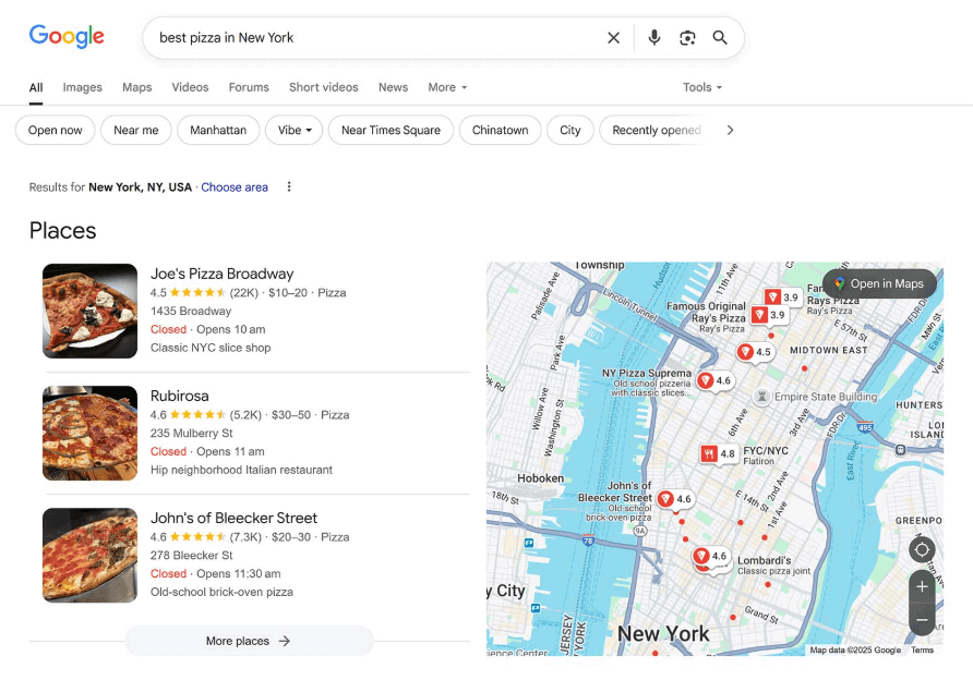 Google Map Pack example in search results showing local business listings