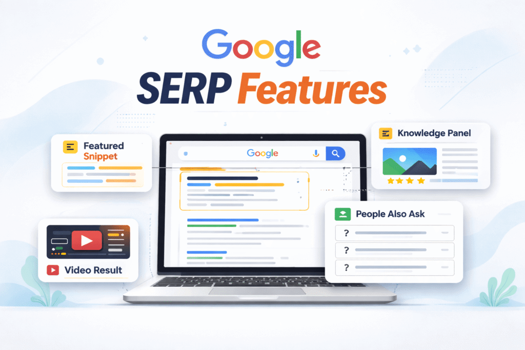 Google SERP Features overview showing featured snippets, knowledge panel, and People Also Ask results.