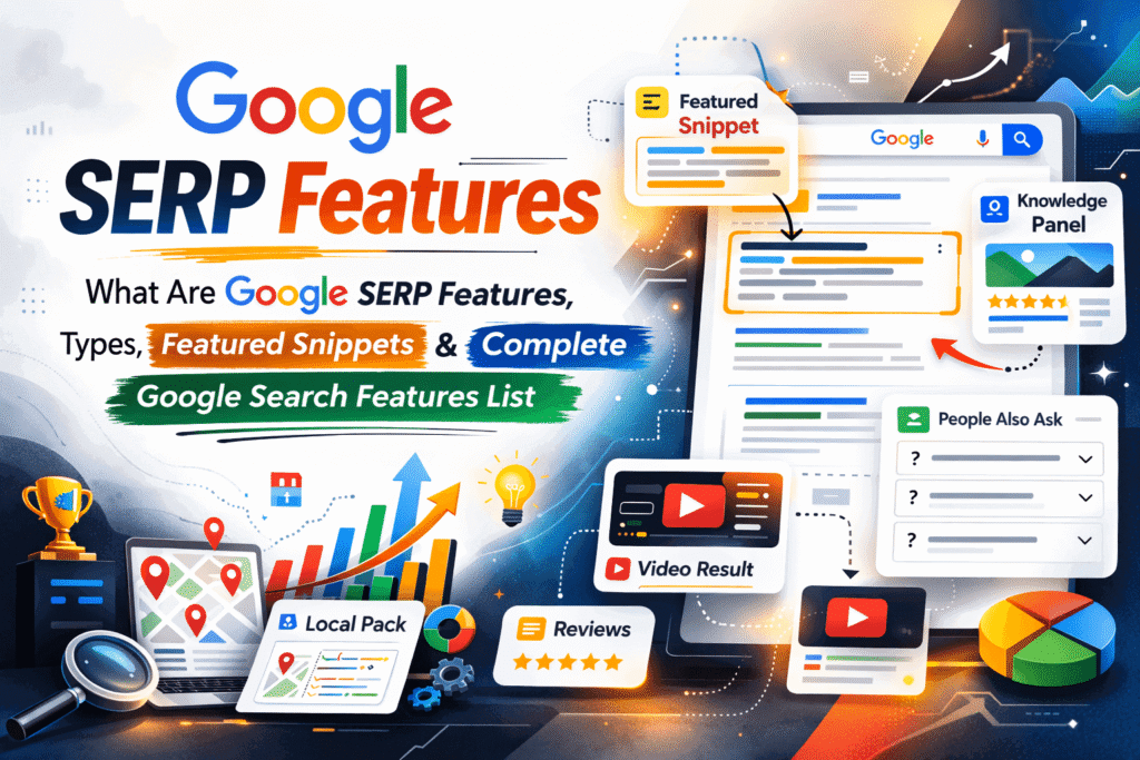 Google SERP Features example showing featured snippets, knowledge panel, People Also Ask and local pack results