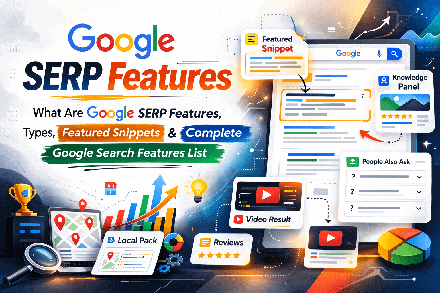 Google SERP Features example showing featured snippets, knowledge panel, People Also Ask and local pack results